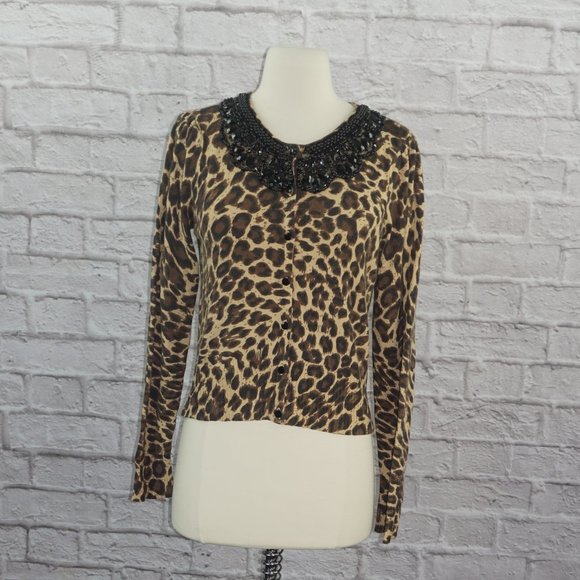Inc International Concepts Leopard Print Beaded Bib Cardigan Sweater - Picture 1 of 7